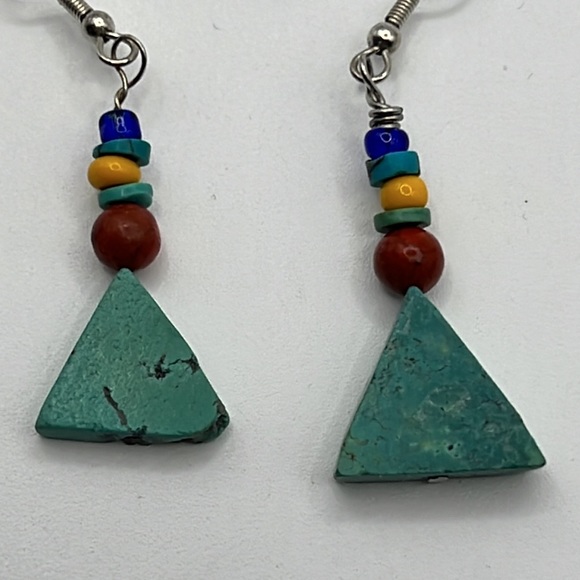 TURQUOISE, SPONGE CORAL, AND GLASS BEAD EARRINGS WITH STERLING SILVER HOOKS - Picture 1 of 6